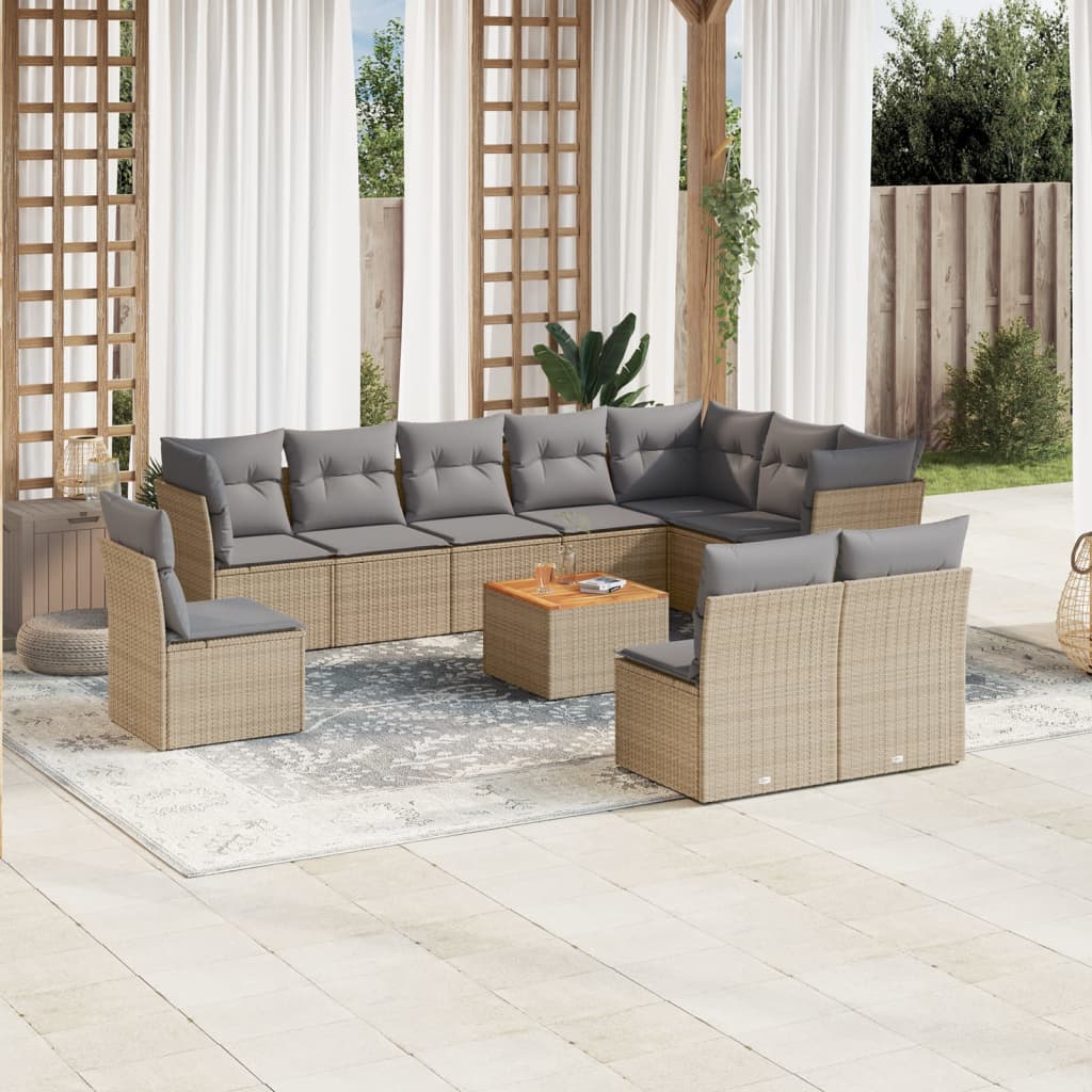 11 Pcs conjunto sofás de jardim c/ almofadões vime PE bege