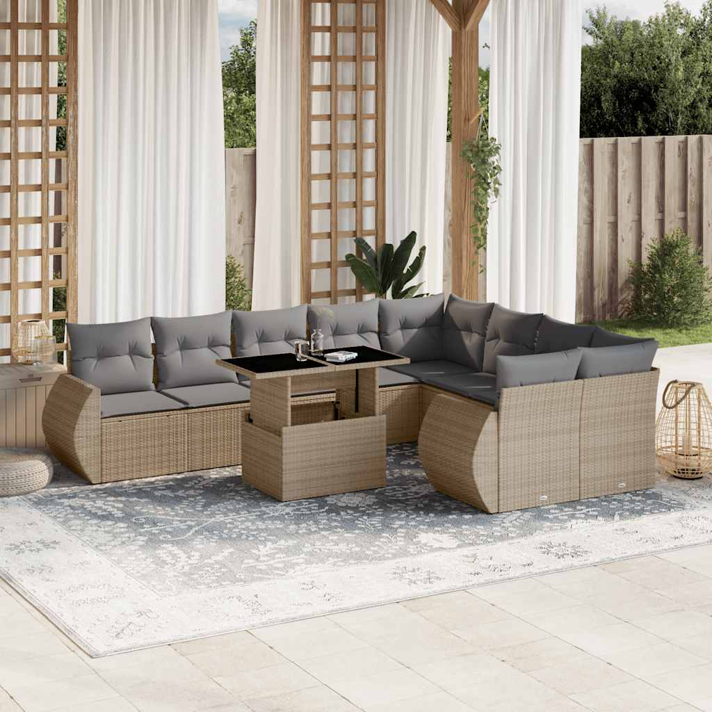 10 Pcs conjunto de sofás p/ jardim com almofadões vime PE bege