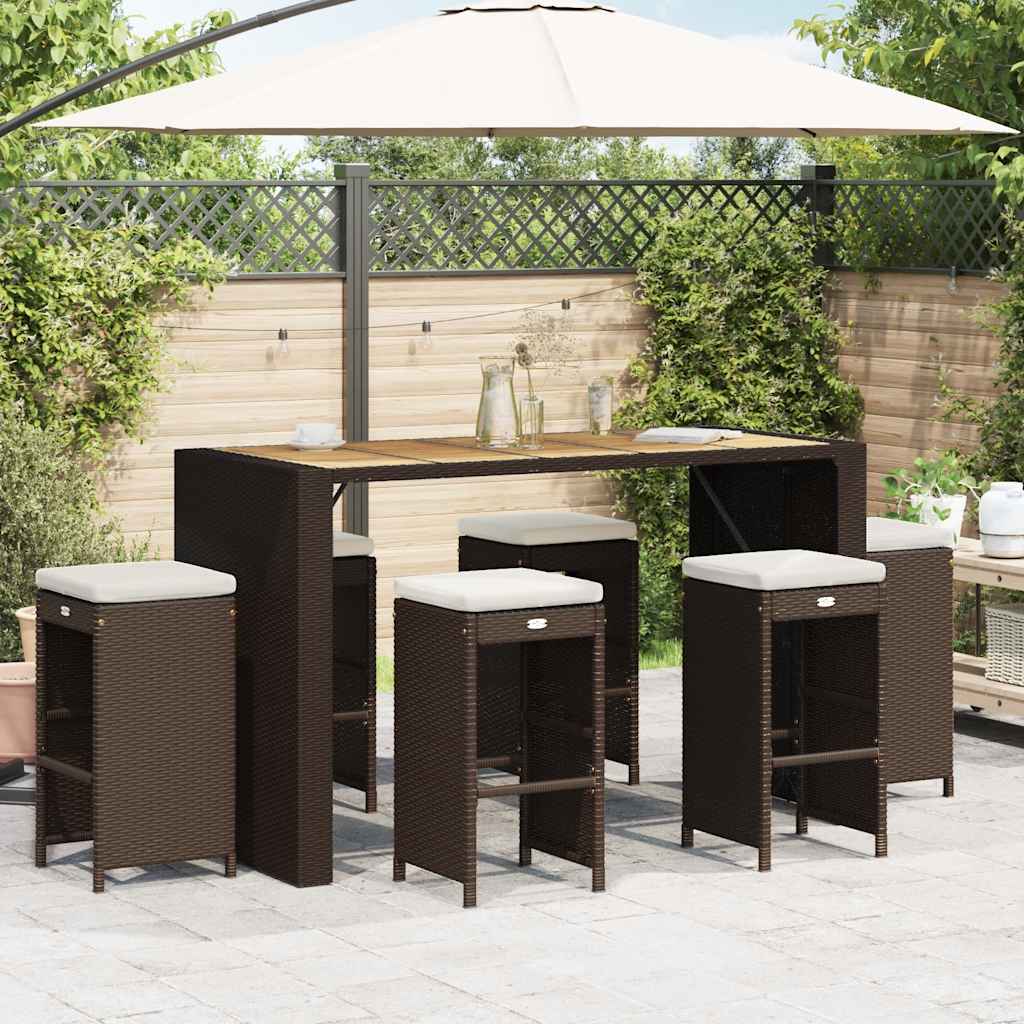 Bancos de bar para jardim com almofadões 6 pcs vime PE castanho