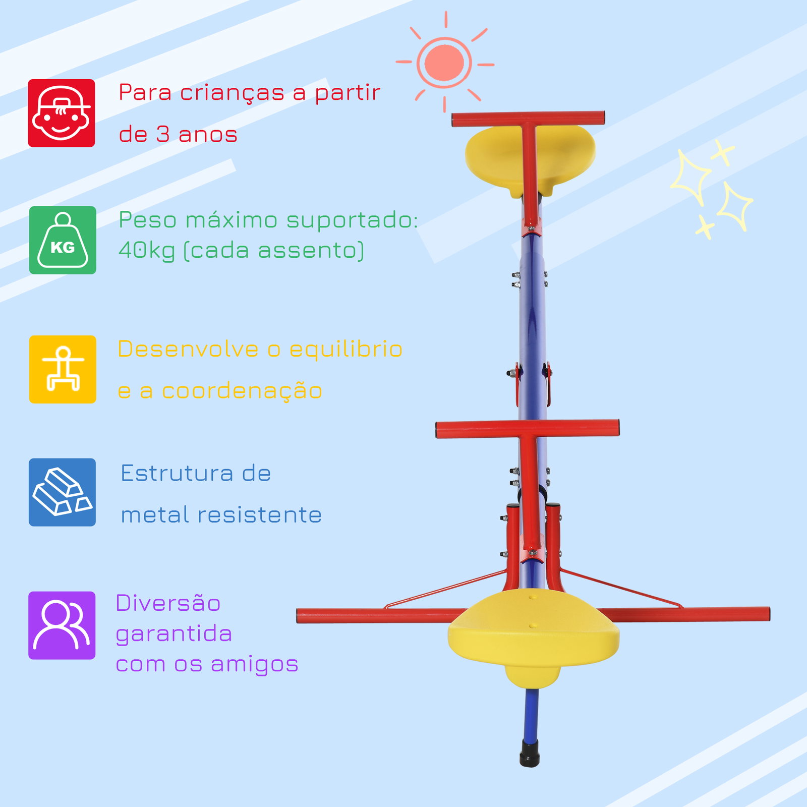 Balanço giratória 360º para crianças acima de 3 anos com base de 4 hastes, postes de parada e alças de fácil aderência jardim pátio 182x77x43 cm multicolor
