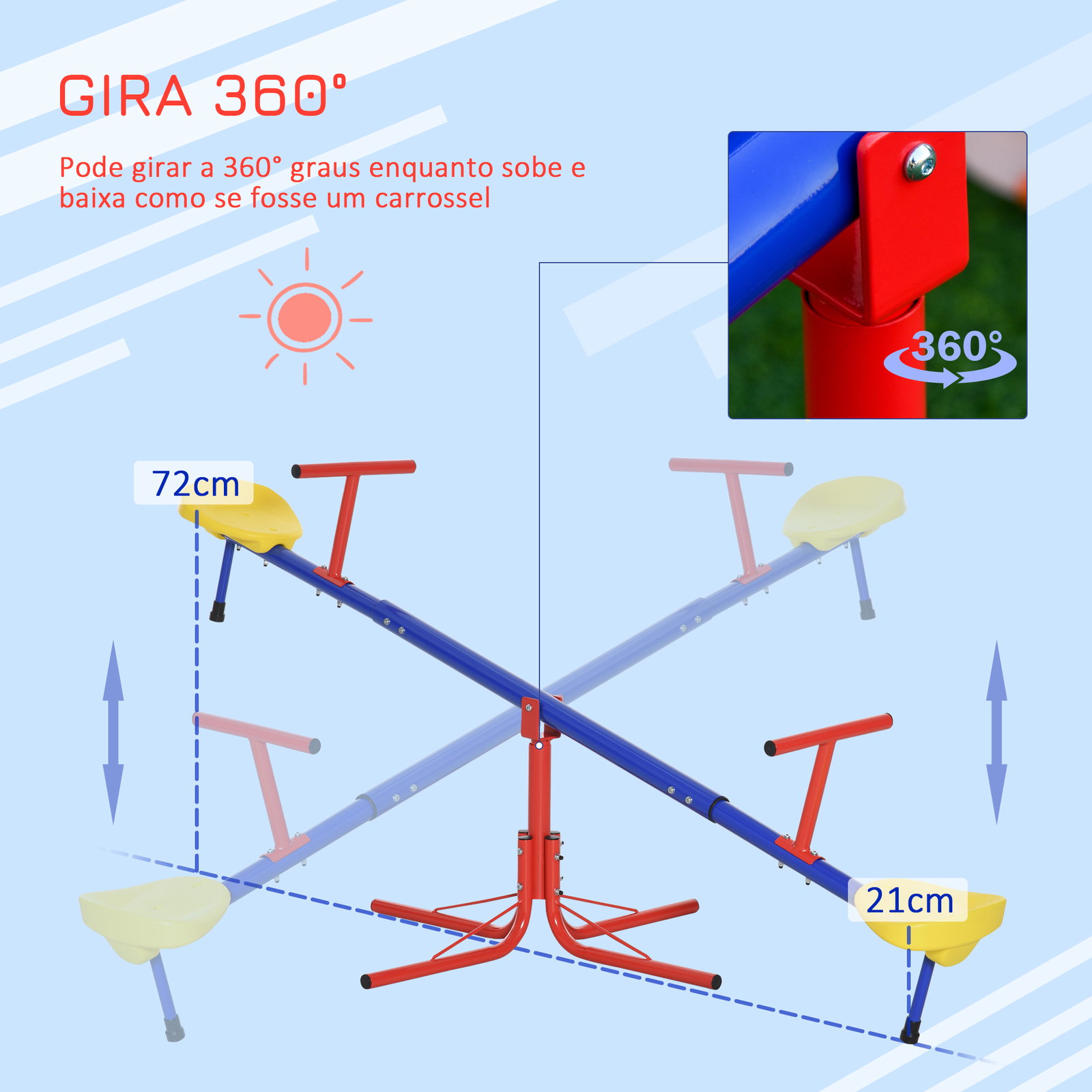 Balanço giratória 360º para crianças acima de 3 anos com base de 4 hastes, postes de parada e alças de fácil aderência jardim pátio 182x77x43 cm multicolor