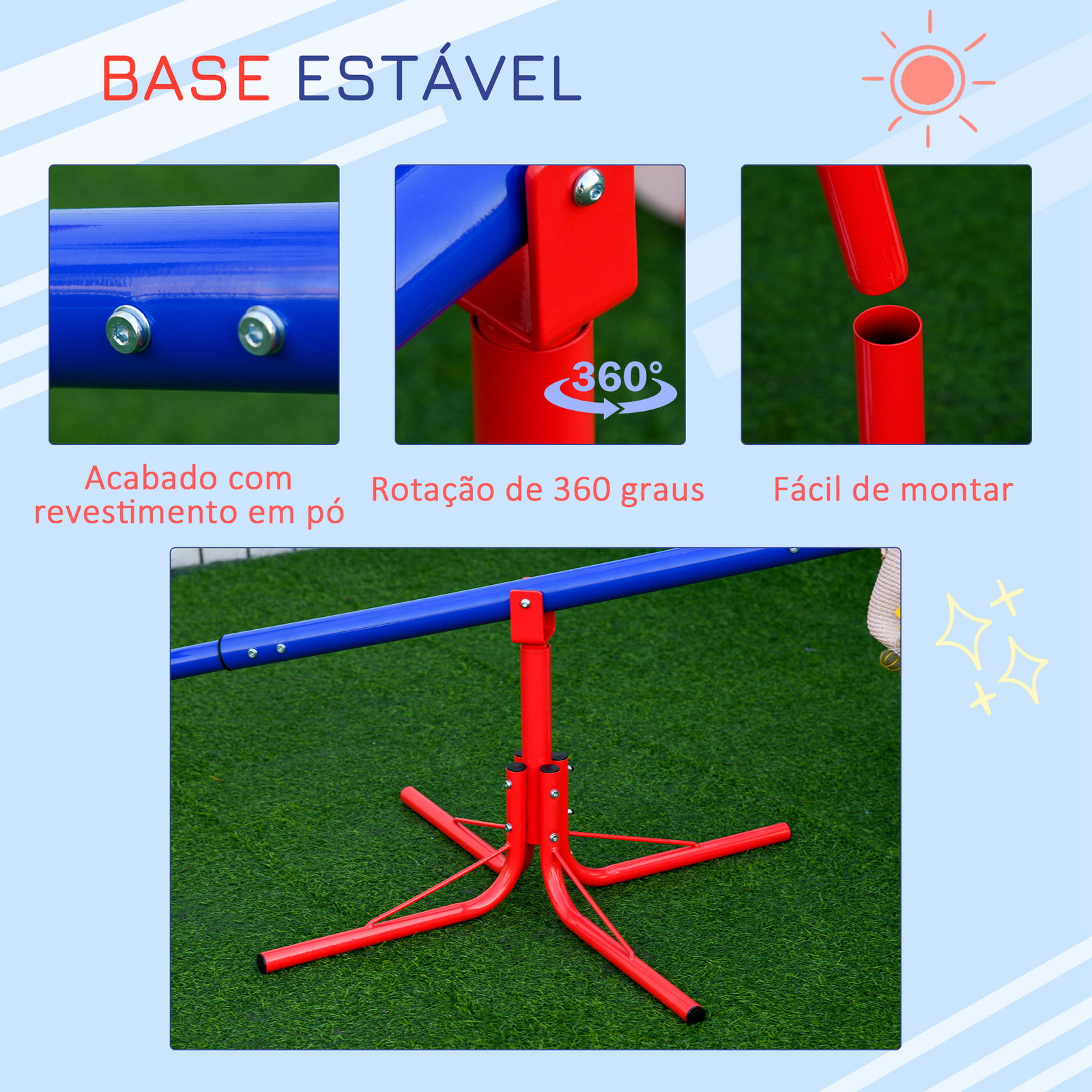 Balanço giratória 360º para crianças acima de 3 anos com base de 4 hastes, postes de parada e alças de fácil aderência jardim pátio 182x77x43 cm multicolor