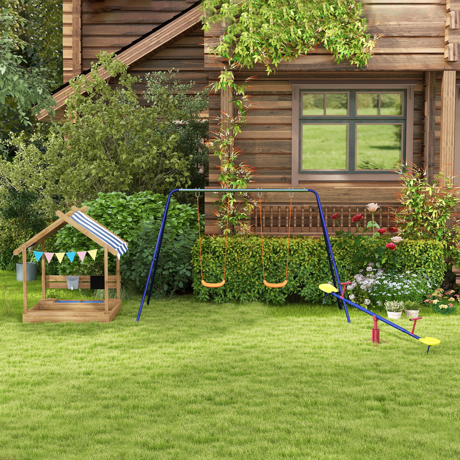 Balanço giratória 360º para crianças acima de 3 anos com base de 4 hastes, postes de parada e alças de fácil aderência jardim pátio 182x77x43 cm multicolor