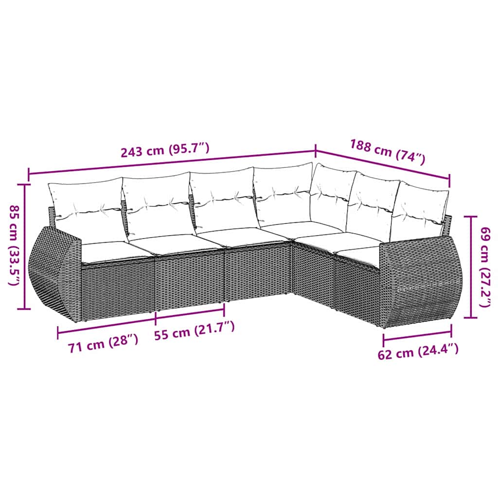 6 Pcs conj. sofás jardim com almofadões vime PE cinzento-claro