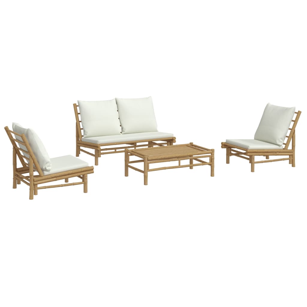 4 Pcs conjunto lounge de jardim bambu c/ almofadões branco nata