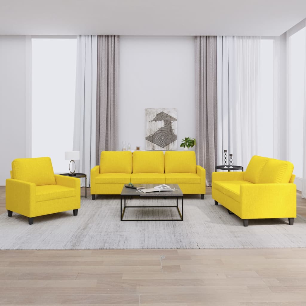 3 Pcs conjunto de sofás com almofadões tecido amarelo-claro