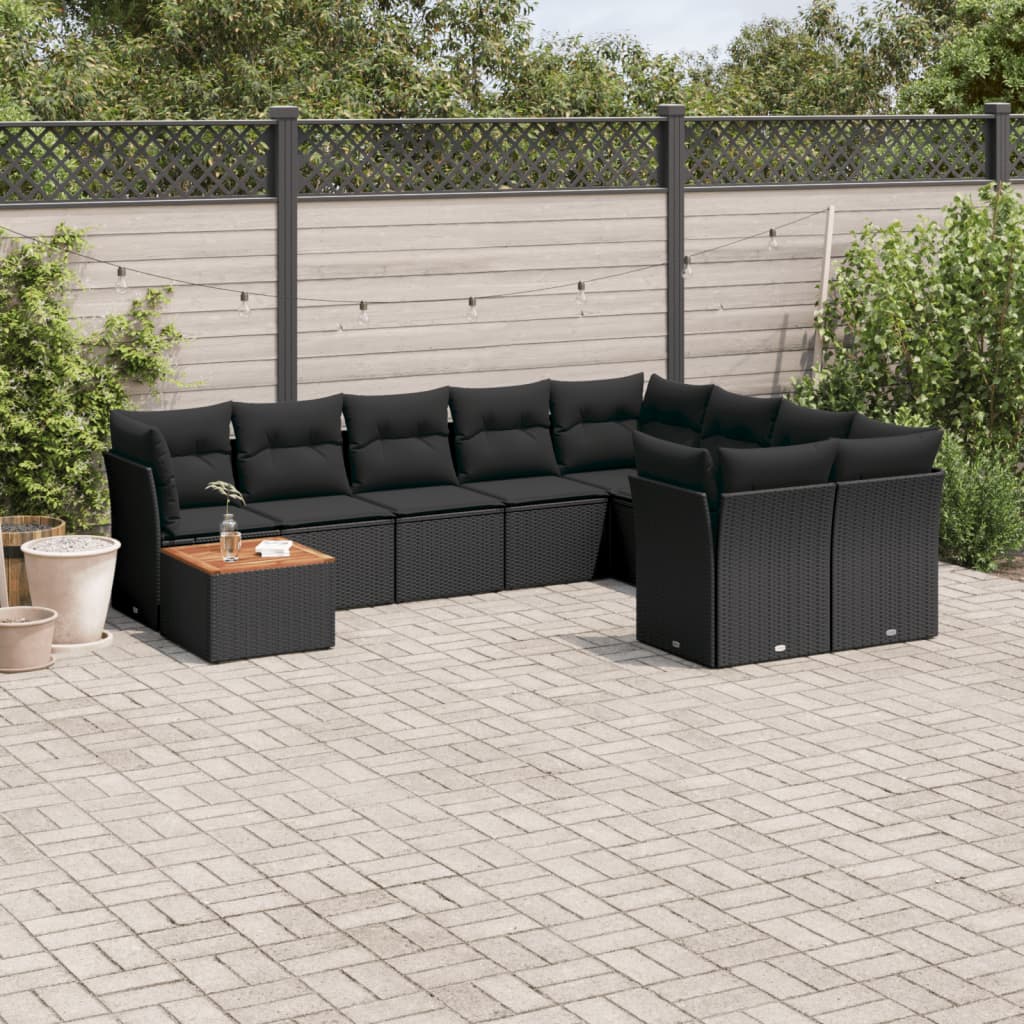 10 Pcs conjunto sofás de jardim c/ almofadões vime PE preto
