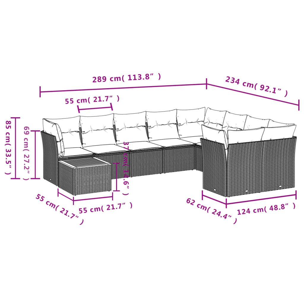 10 Pcs conjunto sofás de jardim c/ almofadões vime PE preto