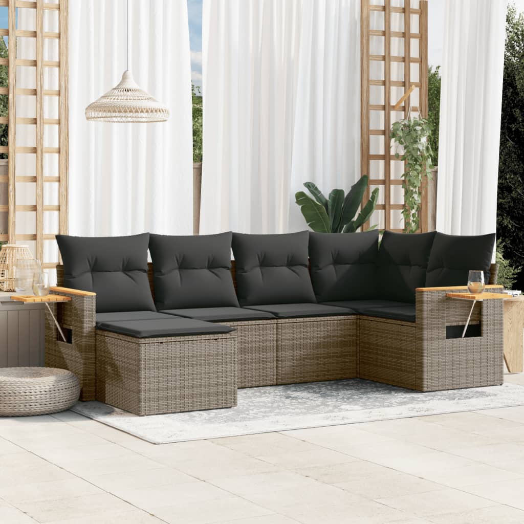 6 Pcs conjunto sofás de jardim com almofadões vime cinzento