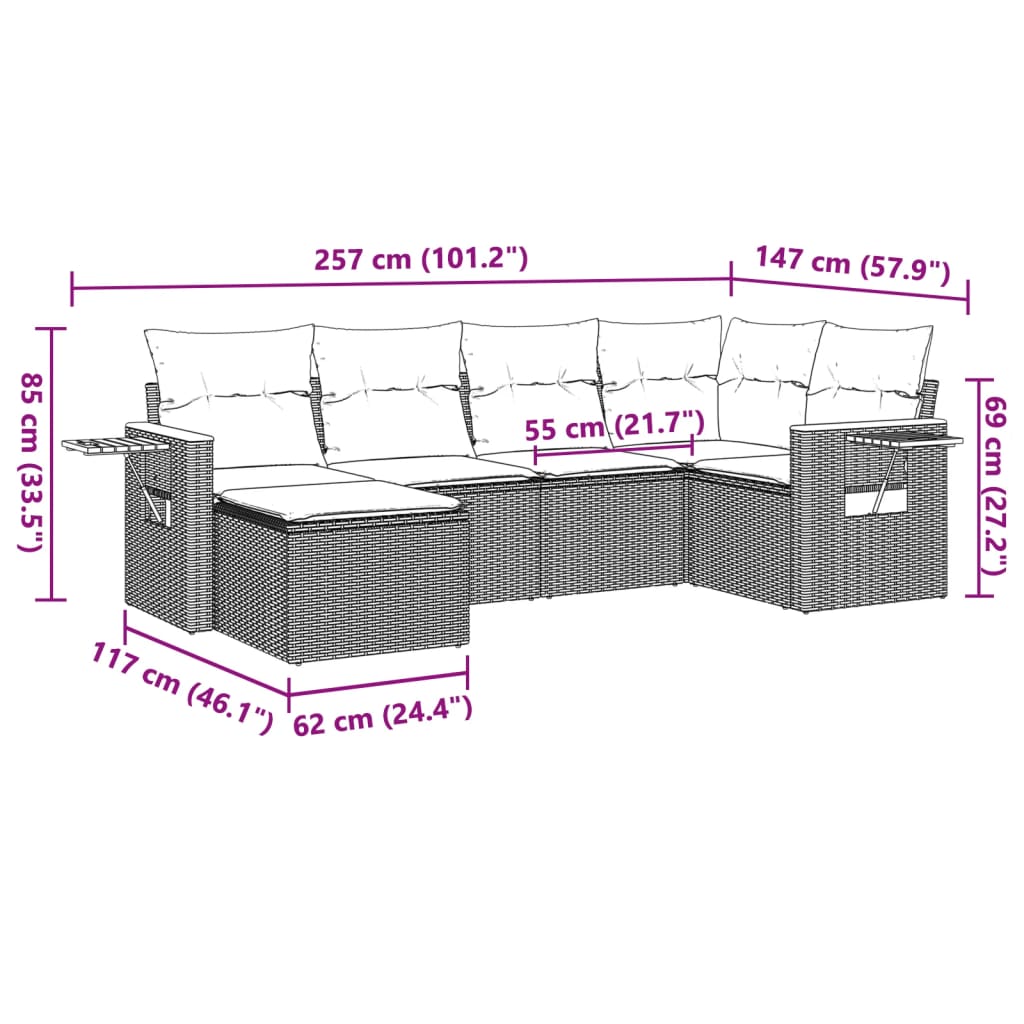 6 Pcs conjunto sofás de jardim com almofadões vime cinzento
