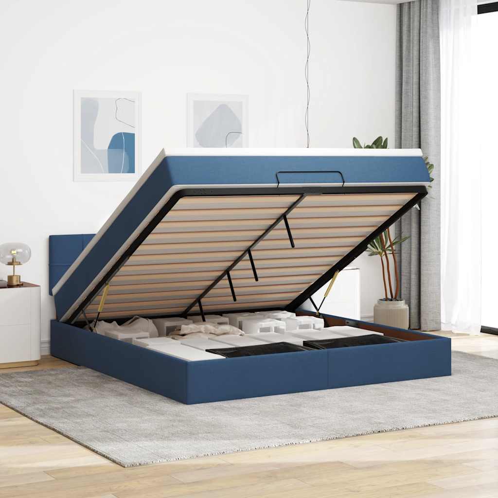 Estrutura de cama otomana com colchão 160x200 cm tecido azul