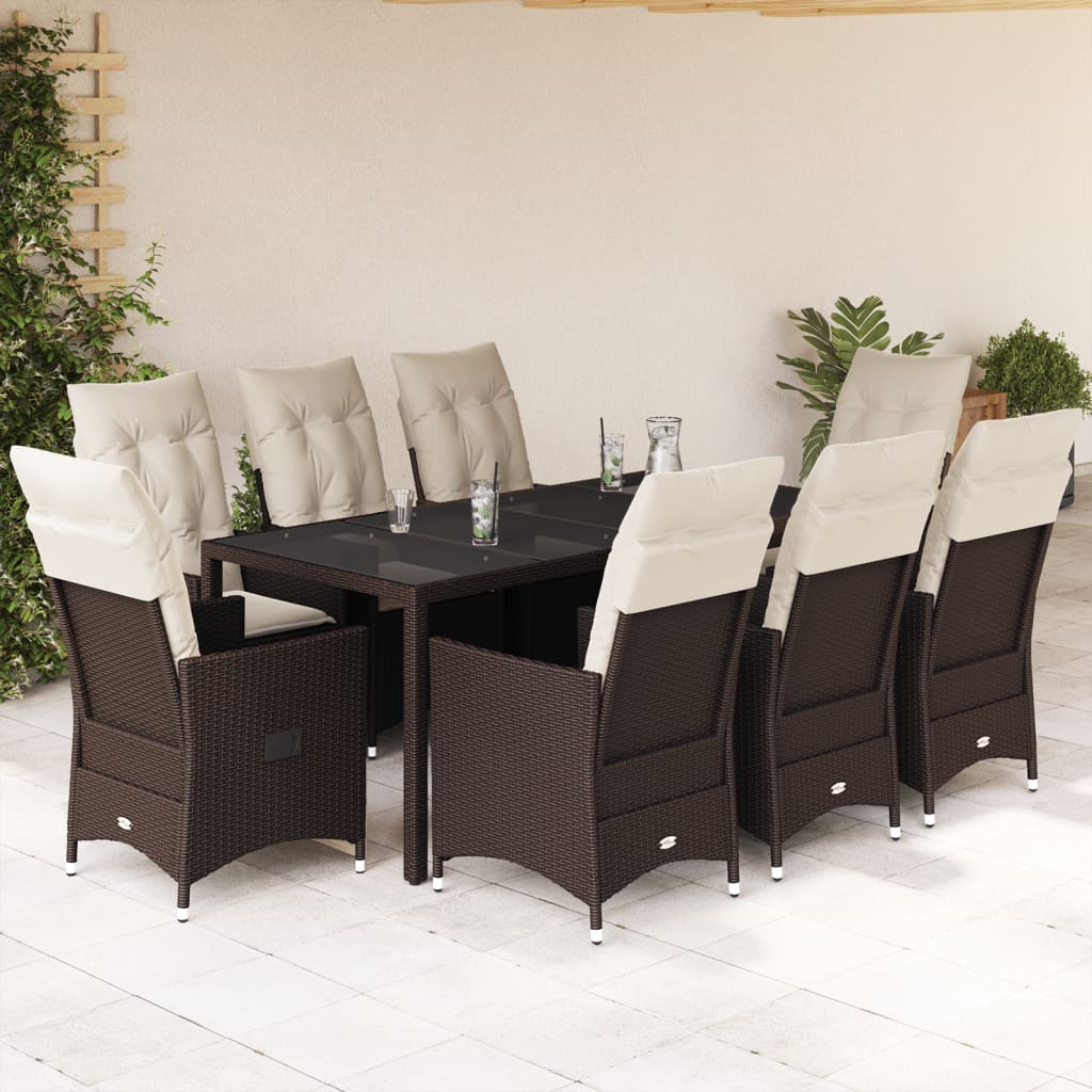 9 Pcs conjunto jantar p/ jardim c/ almofadões vime PE castanho
