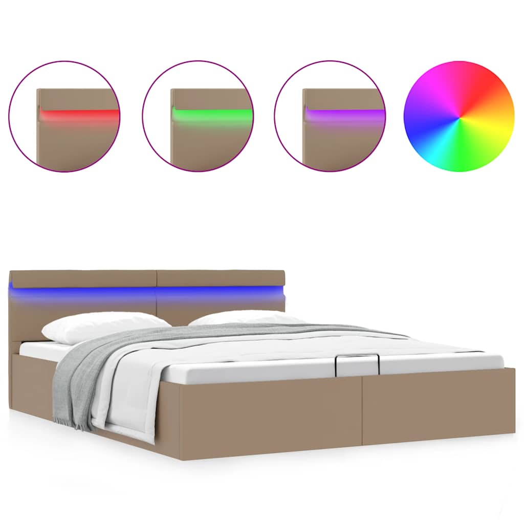 Cama hidrául. arrumação e LED 160x200cm couro artif. cappuccino