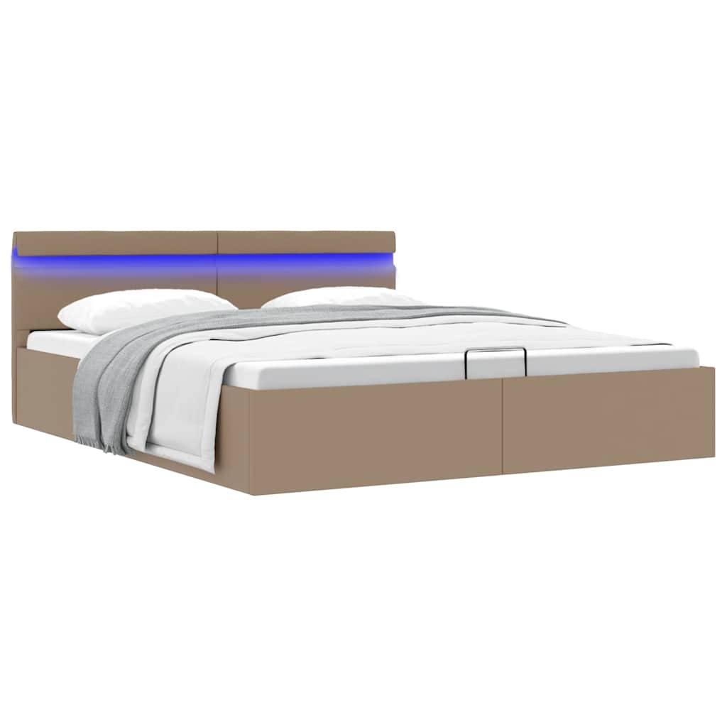 Cama hidrául. arrumação e LED 160x200cm couro artif. cappuccino