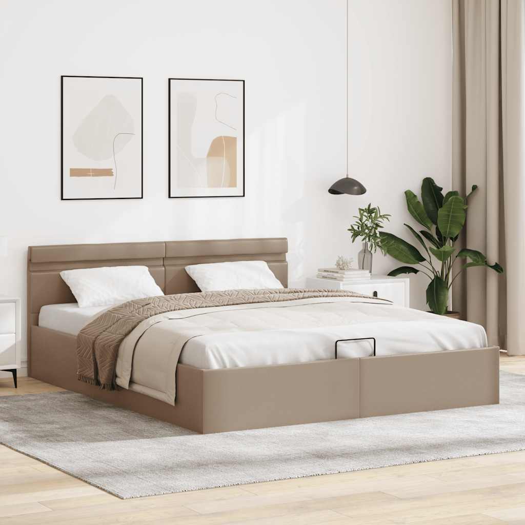 Cama hidrául. arrumação e LED 160x200cm couro artif. cappuccino