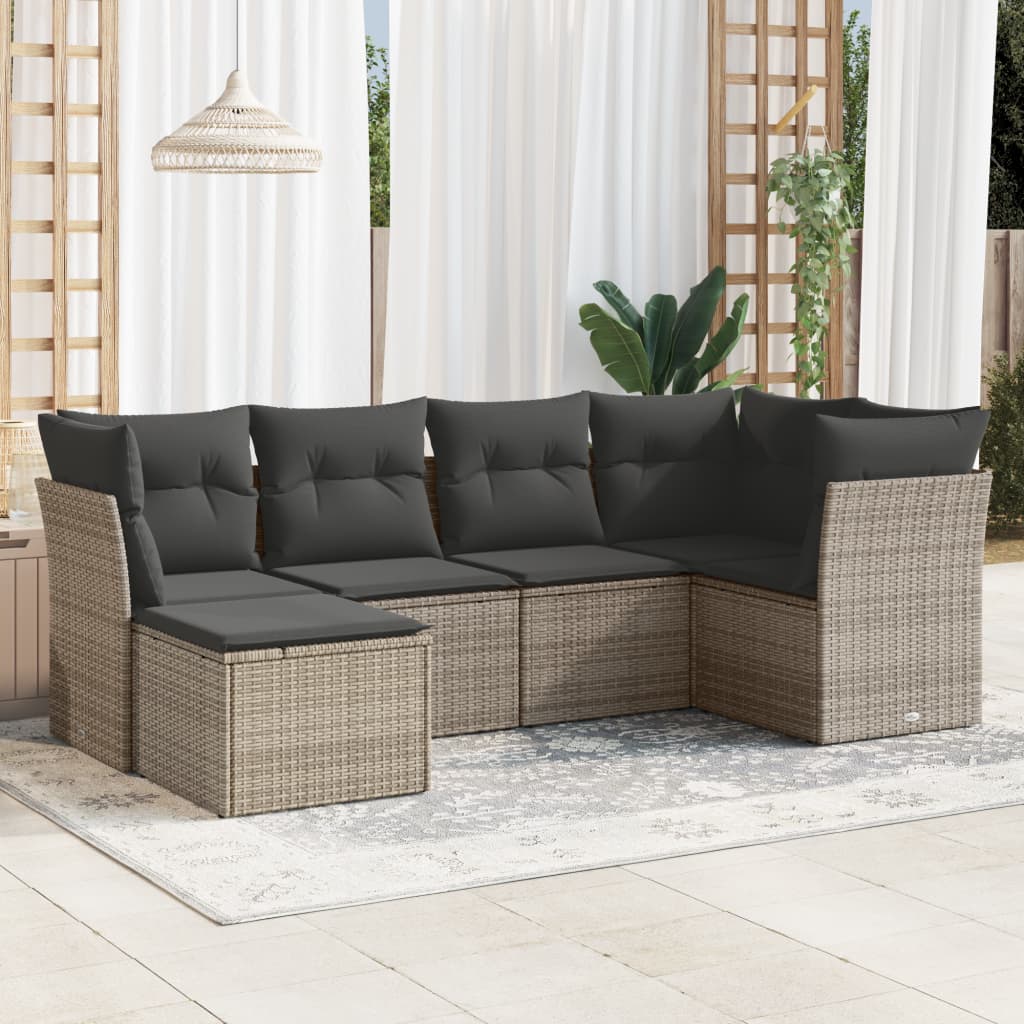 6 Pcs conjunto sofás de jardim com almofadões vime cinzento