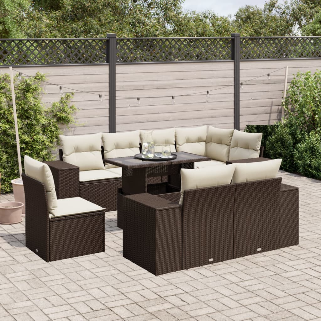 9 Pcs conjunto sofás p/ jardim c/ almofadões vime PE castanho