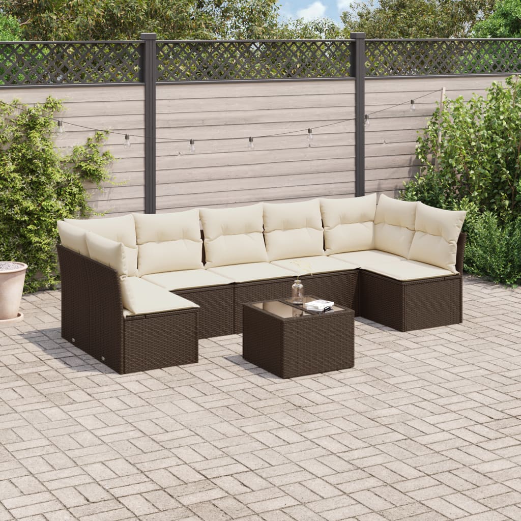 8 Pcs conjunto sofás de jardim c/ almofadões vime PE castanho