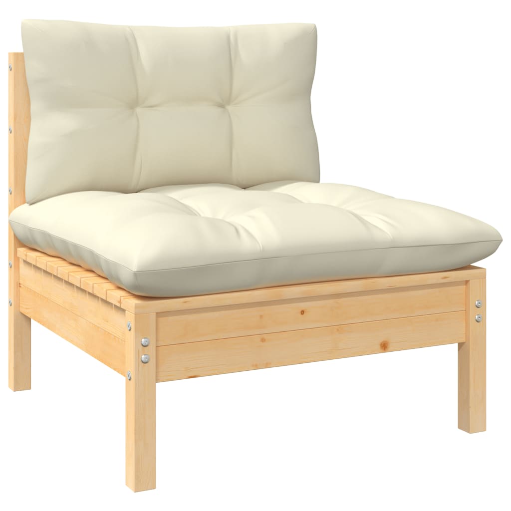 7 Pcs conjunto lounge jardim c/ almofadões creme pinho maciço