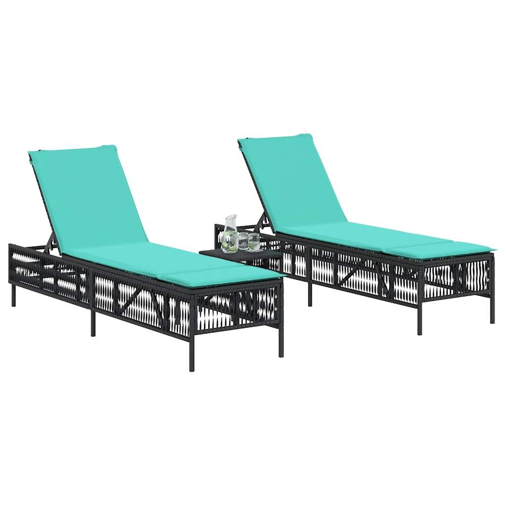 Espreguiçadeiras (2 peças) com mesa, em rattan sintético preto