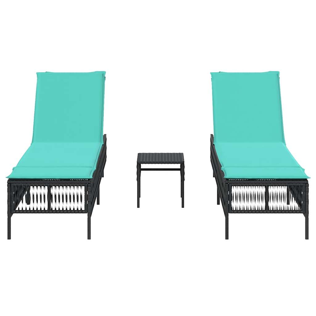 Espreguiçadeiras (2 peças) com mesa, em rattan sintético preto