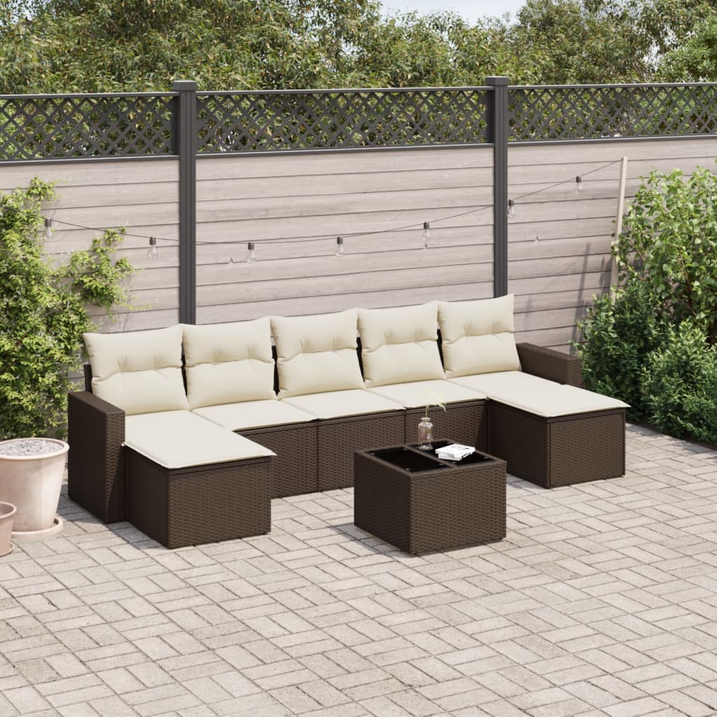 8 Pcs conjunto sofás de jardim c/ almofadões vime PE castanho