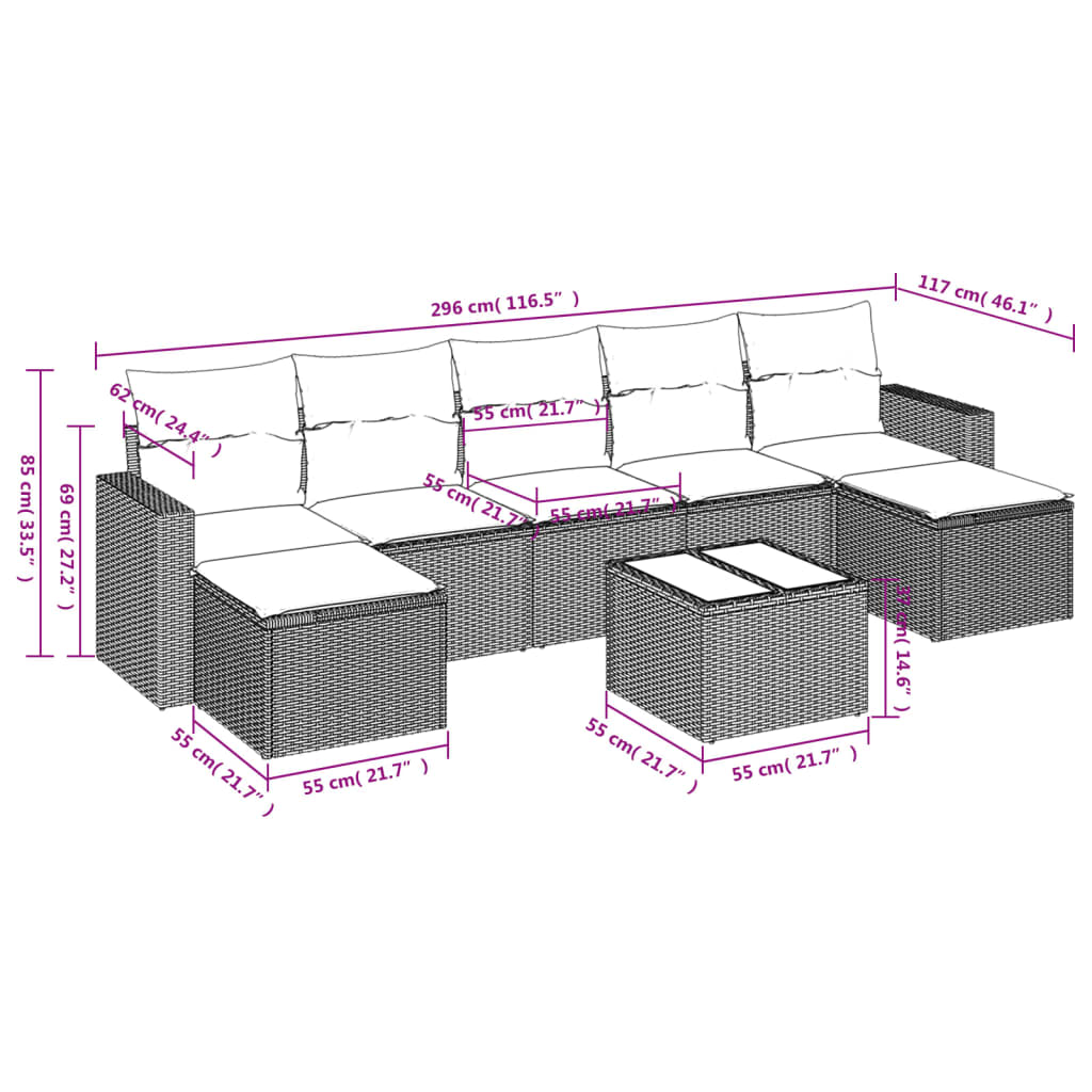 8 Pcs conjunto sofás de jardim c/ almofadões vime PE castanho