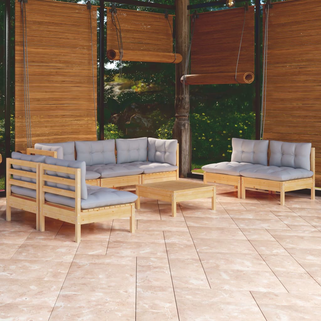 8 Pcs conjunto lounge de jardim + almofadões cinza pinho maciço
