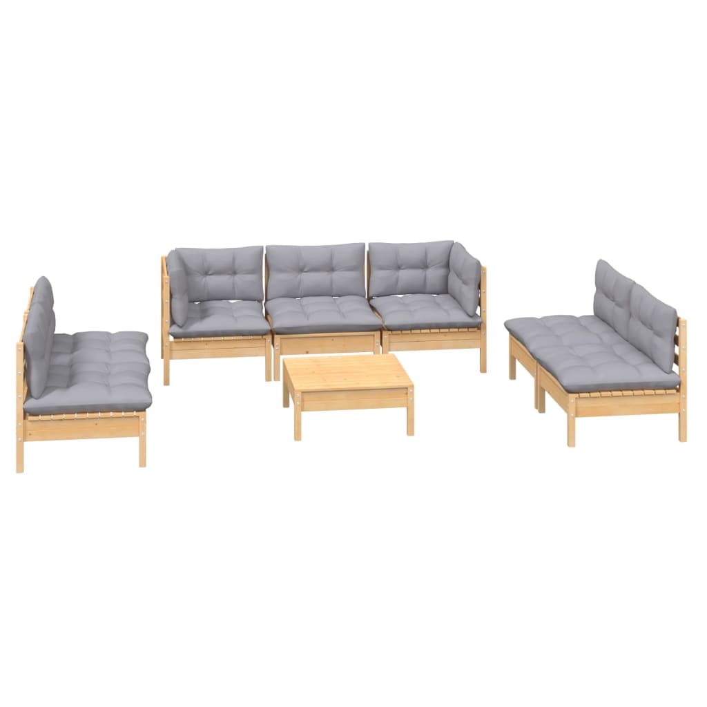 8 Pcs conjunto lounge de jardim + almofadões cinza pinho maciço