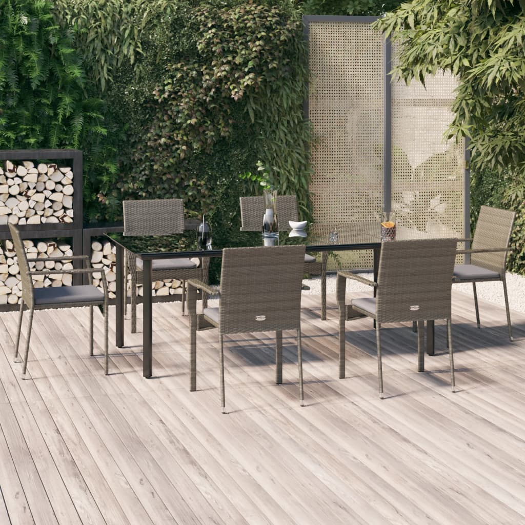 7 Pcs conjunto jantar jardim c/ almofadões vime PE preto/cinza