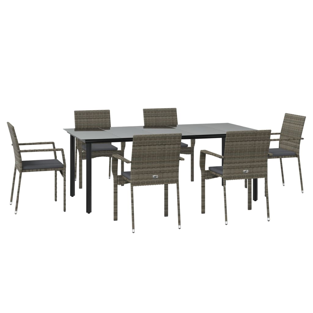 7 Pcs conjunto jantar jardim c/ almofadões vime PE preto/cinza
