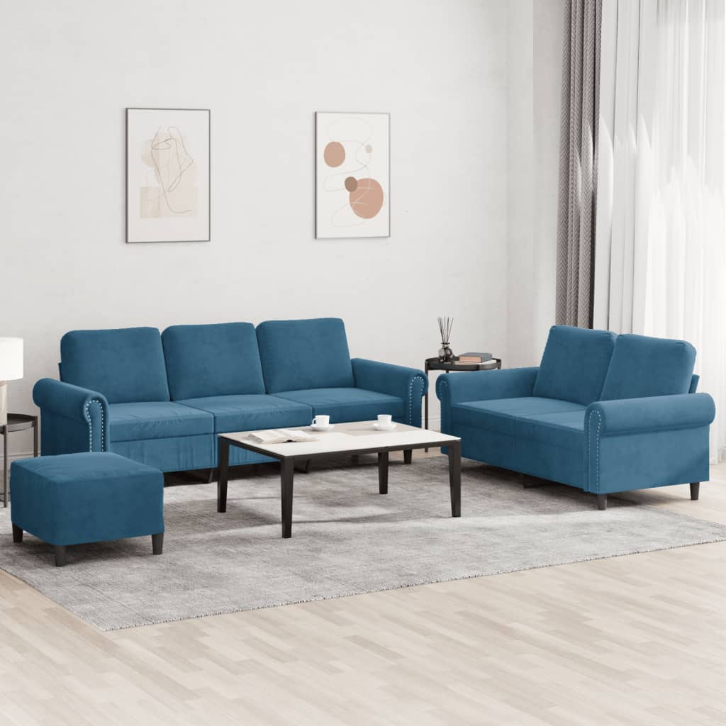 3 Pcs conjunto de sofás com almofadões veludo azul