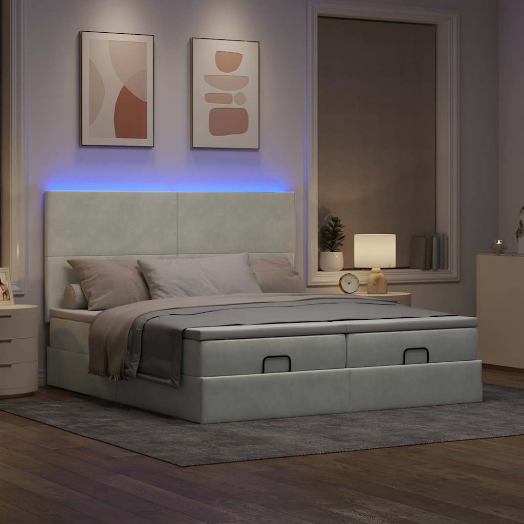 Estrutura cama otomana colchões 200x200cm veludo cinzento claro