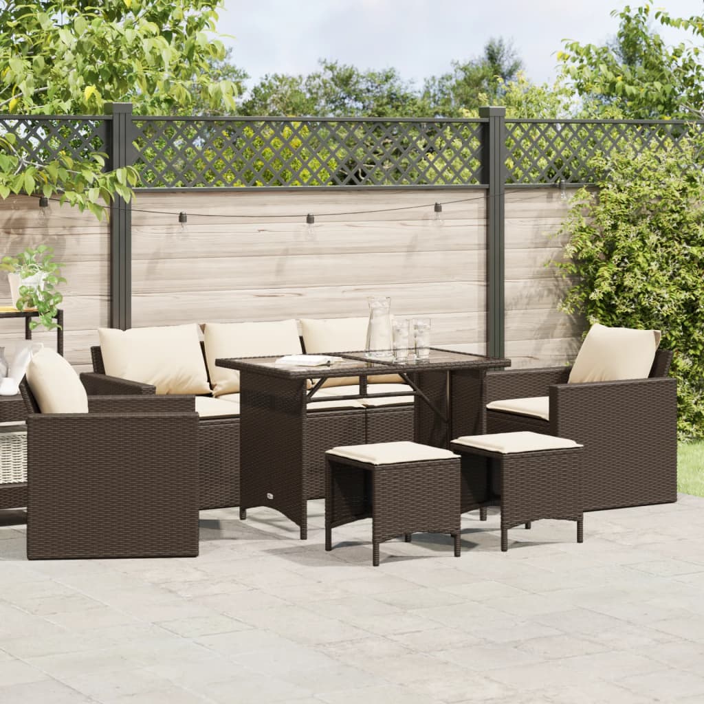 6 Pcs conjunto de sofás jardim c/ almofadões vime PE castanho