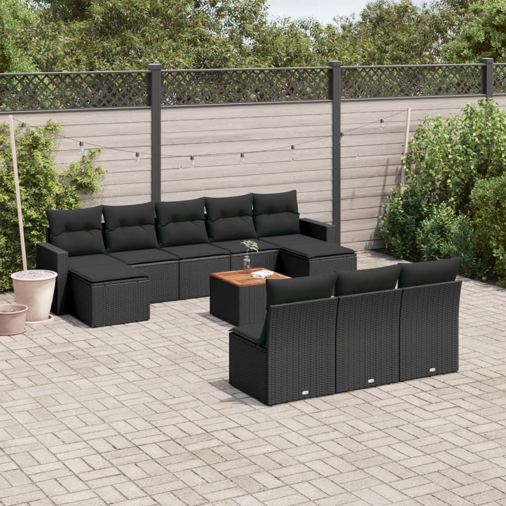 11 Pcs conjunto sofás de jardim c/ almofadões vime PE preto