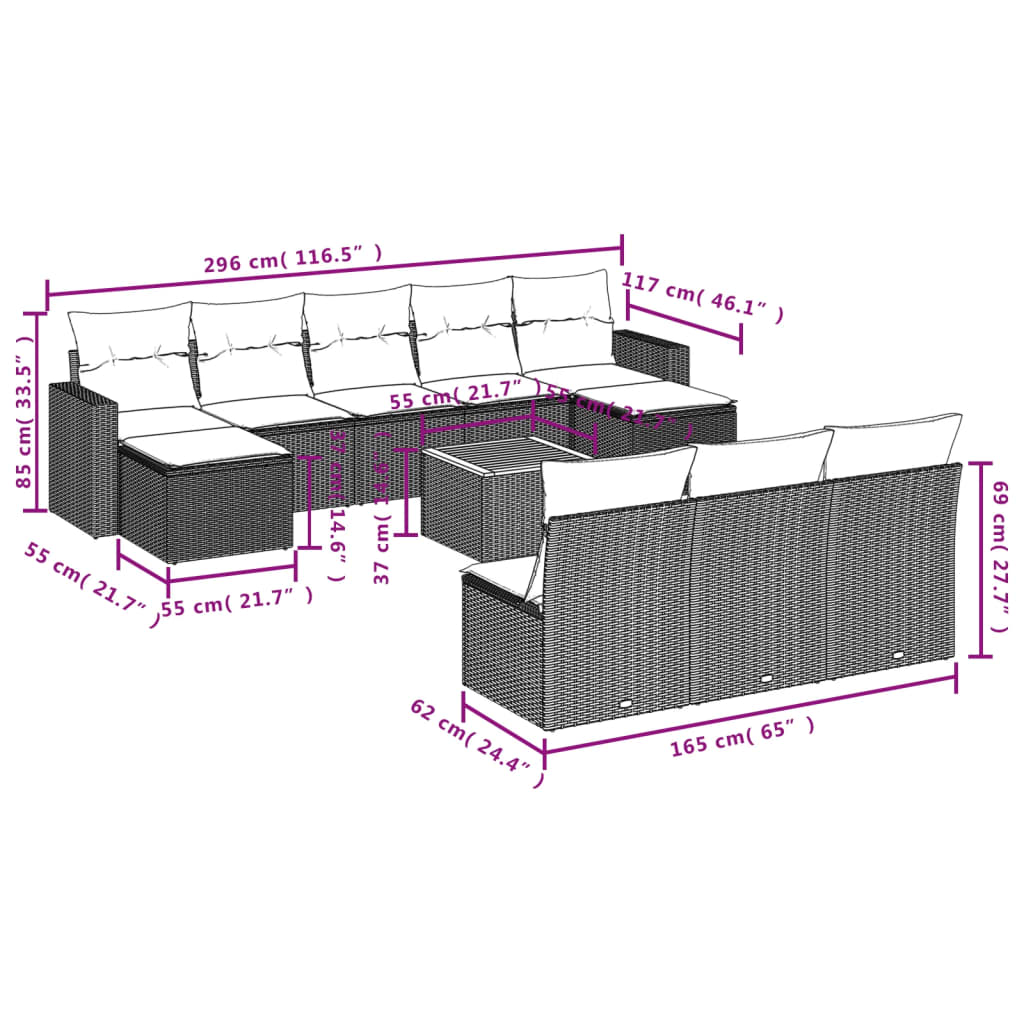 11 Pcs conjunto sofás de jardim c/ almofadões vime PE preto