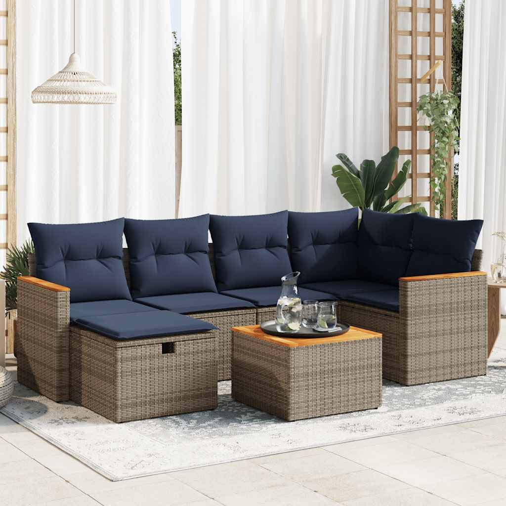 7 Pcs conjunto sofás p/ jardim c/ almofadões vime PE cinzento