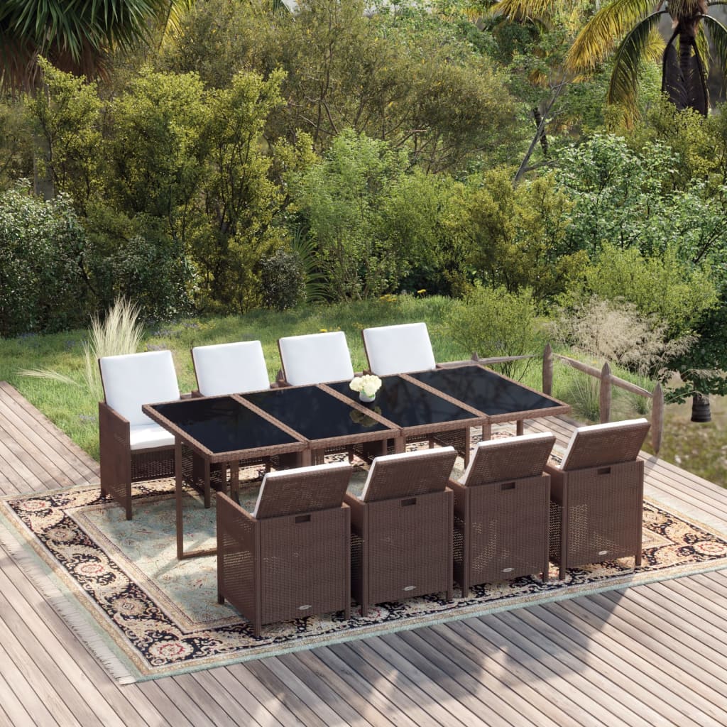 9 Pcs conjunto jantar p/ jardim c/ almofadões vime PE castanho