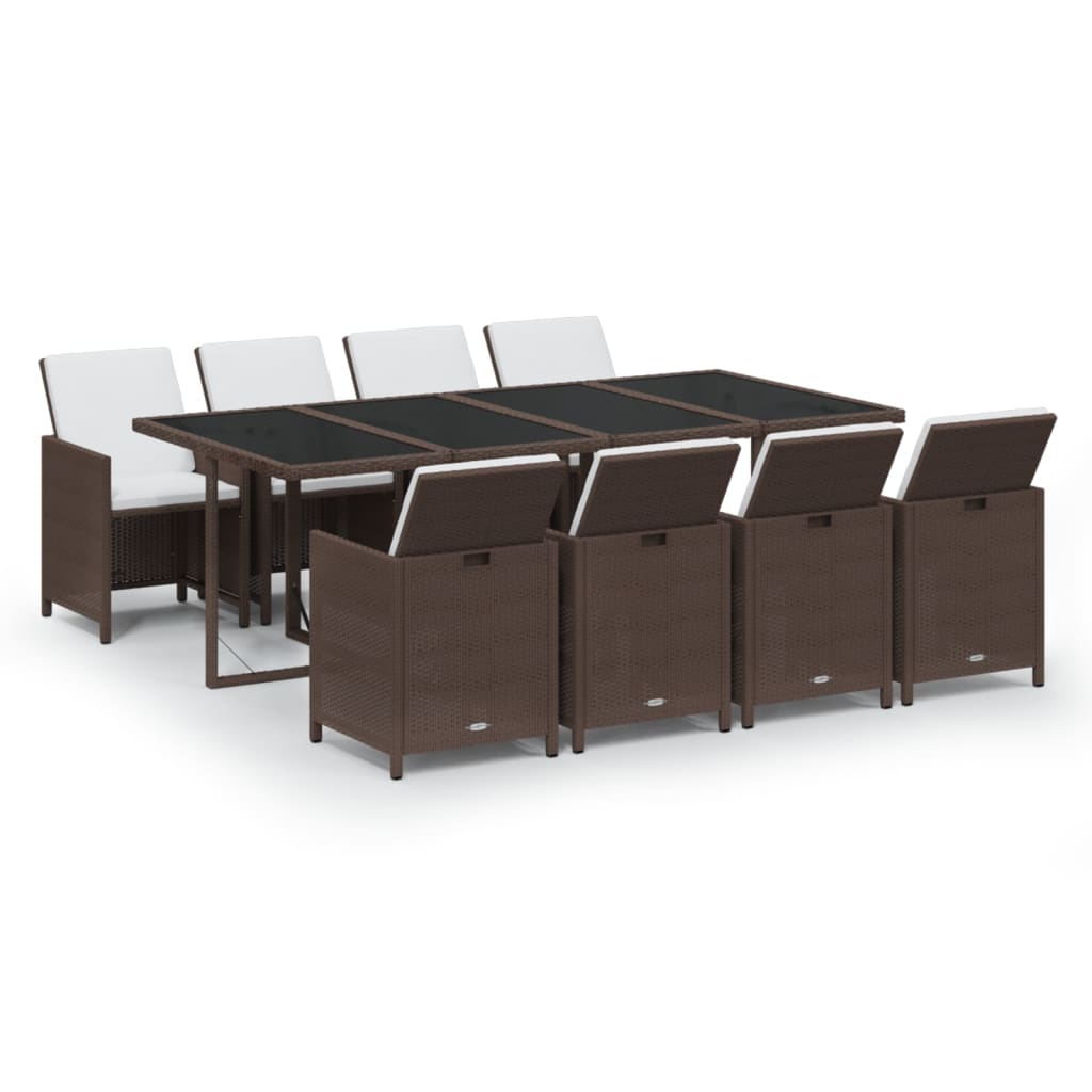 9 Pcs conjunto jantar p/ jardim c/ almofadões vime PE castanho