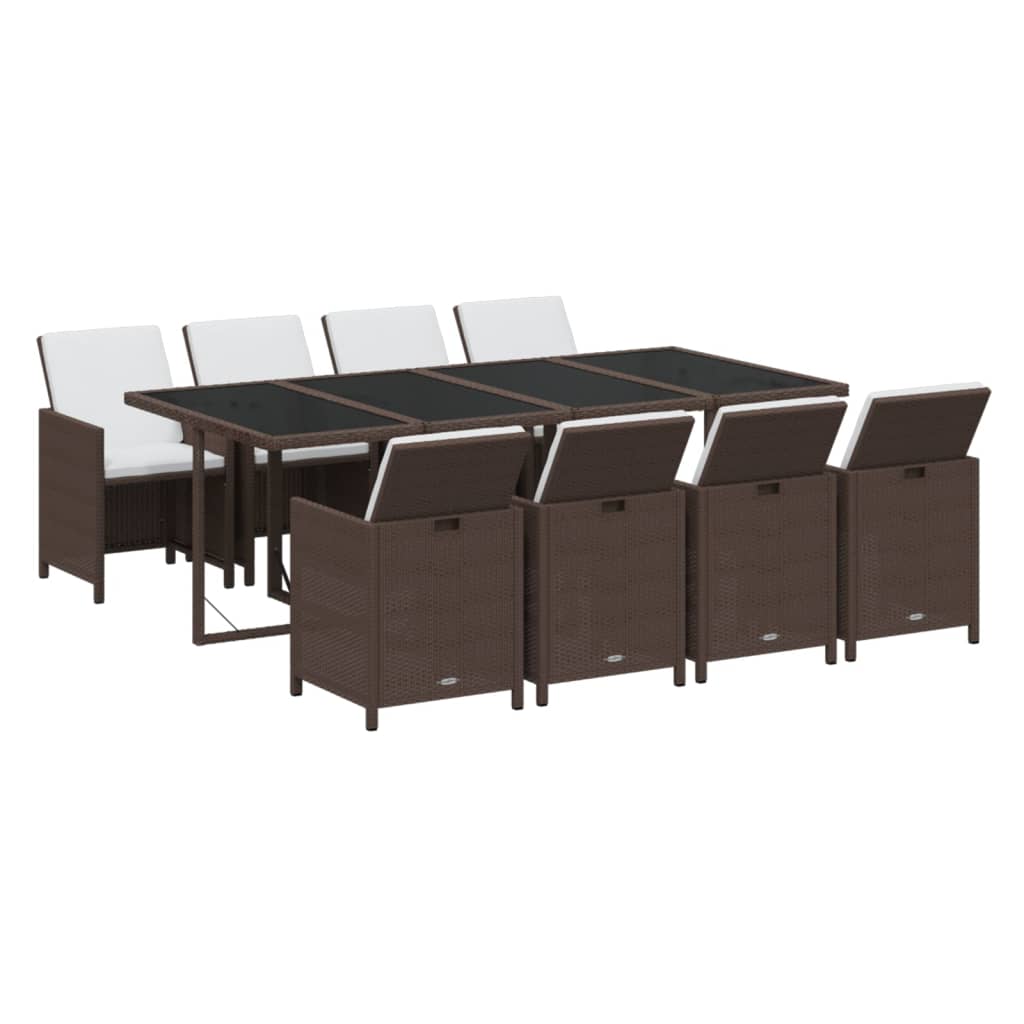 9 Pcs conjunto jantar p/ jardim c/ almofadões vime PE castanho