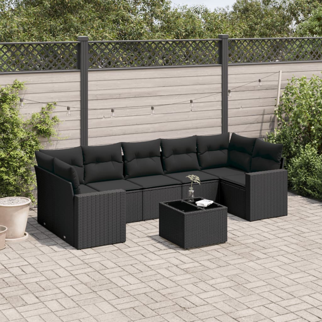8 Pcs conjunto sofás de jardim com almofadões vime PE preto