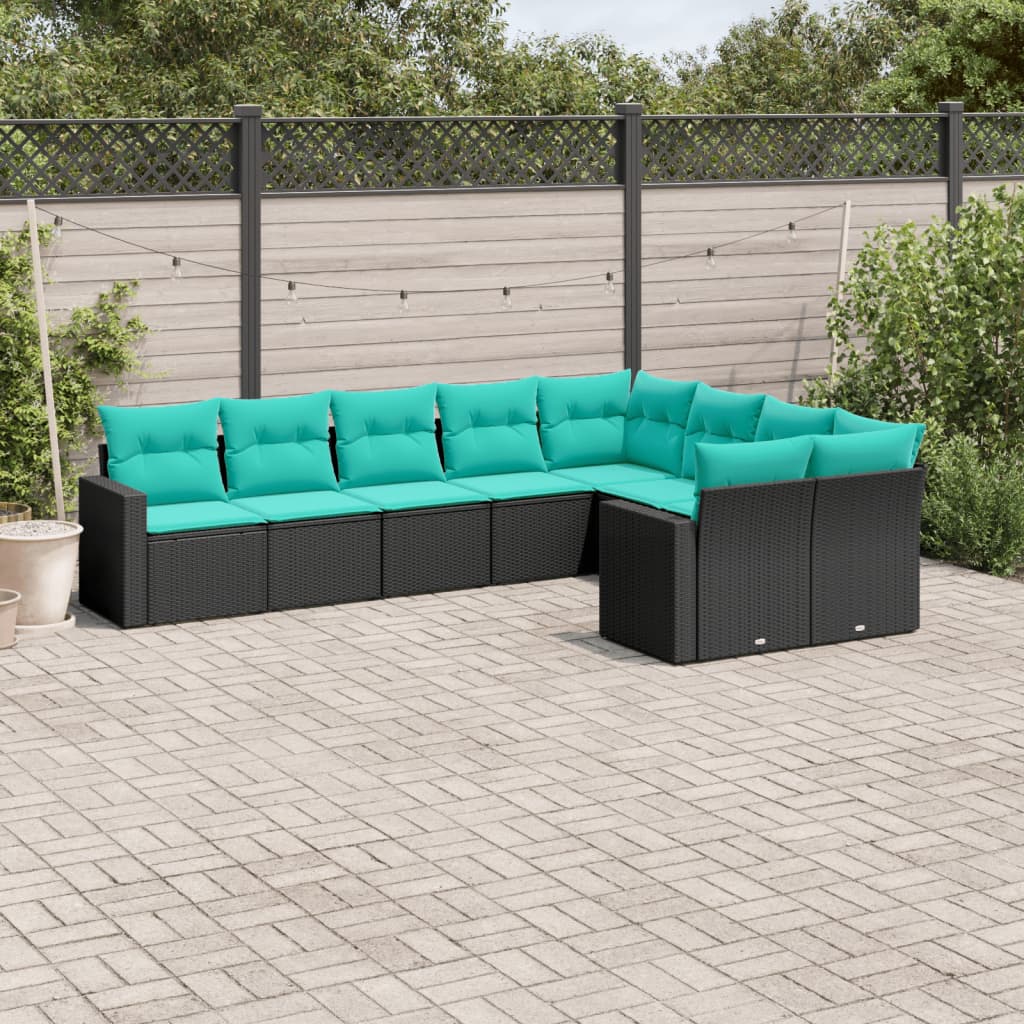 9 Pcs conjunto de sofás p/ jardim c/ almofadões vime PE preto