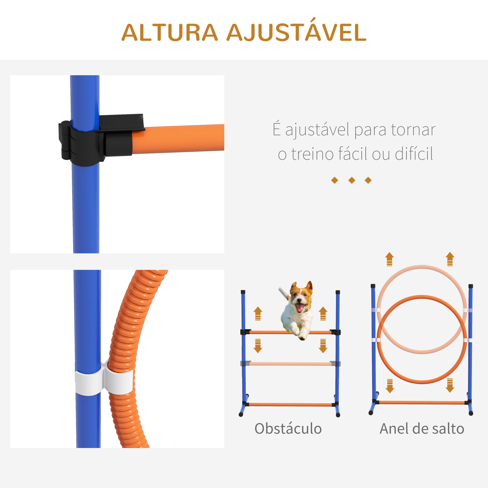 Jogo de agilidade para cães de 4 peças com piquetes para slalom zona de descanso valla e anel de salto laranja e azul