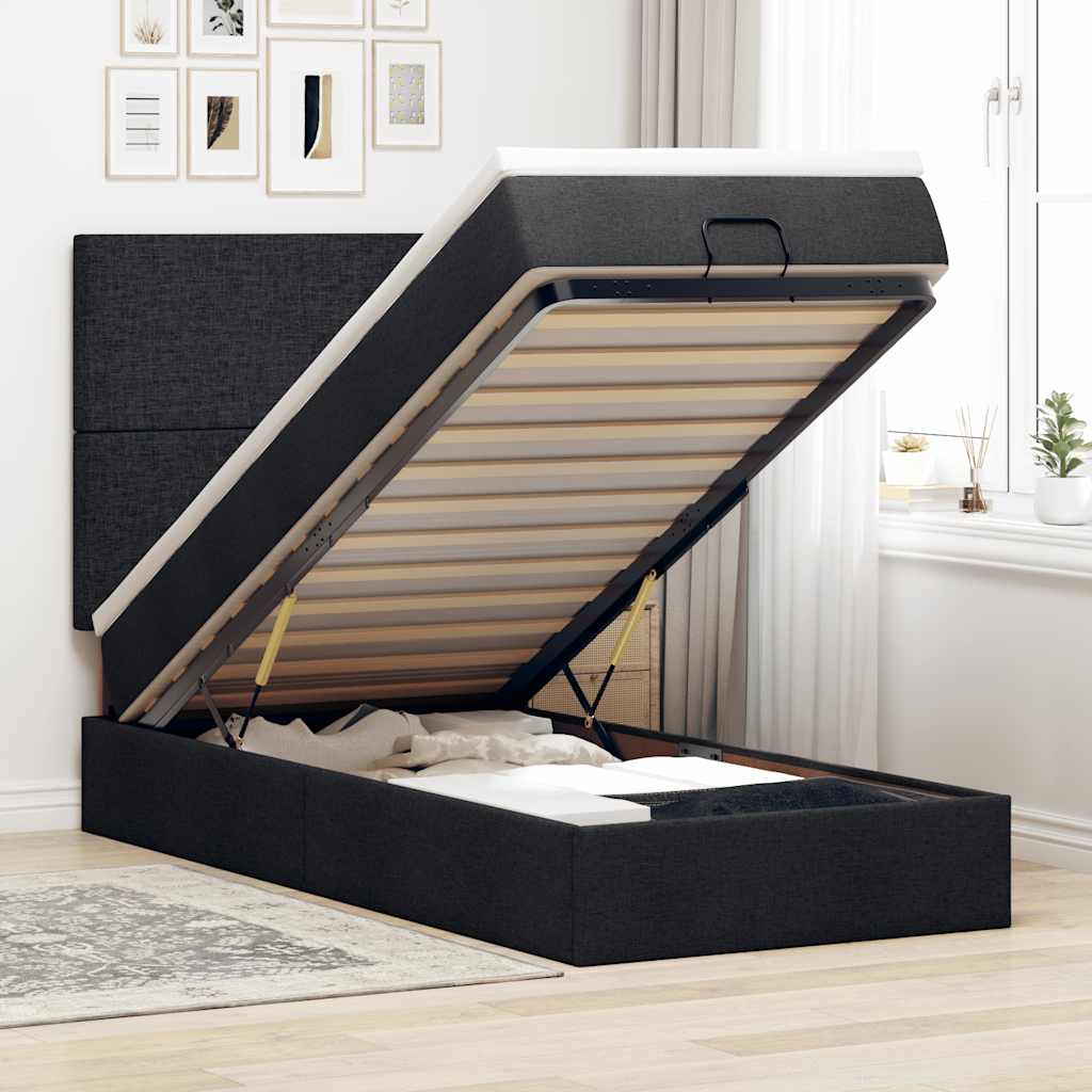 Estrutura de cama otomana com colchão preto tecido