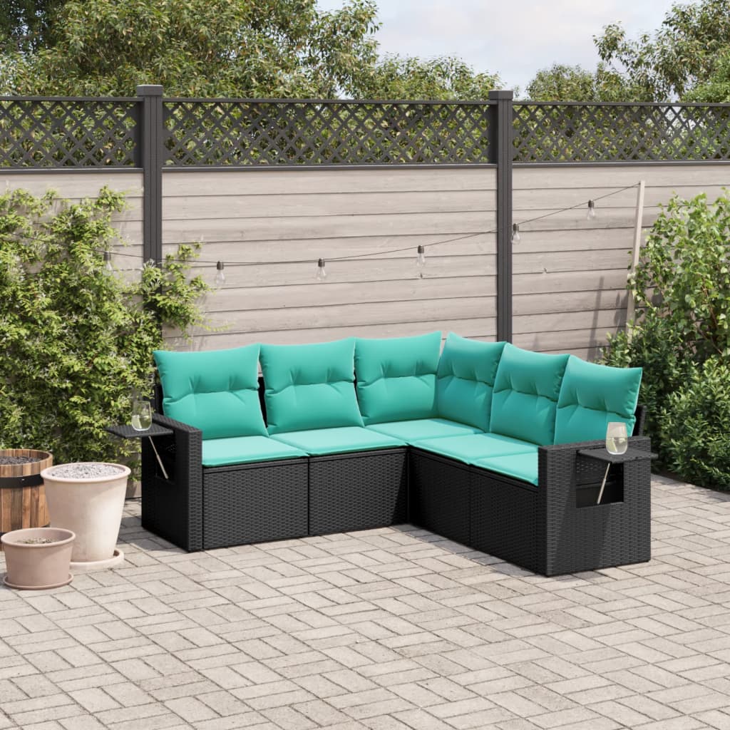 Conjunto de sofá de jardim de 5 peças com almofadas em rattan sintético preto