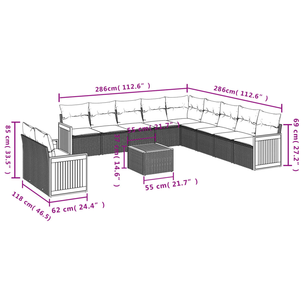 12 Pcs conjunto de sofás p/ jardim com almofadões vime PE bege