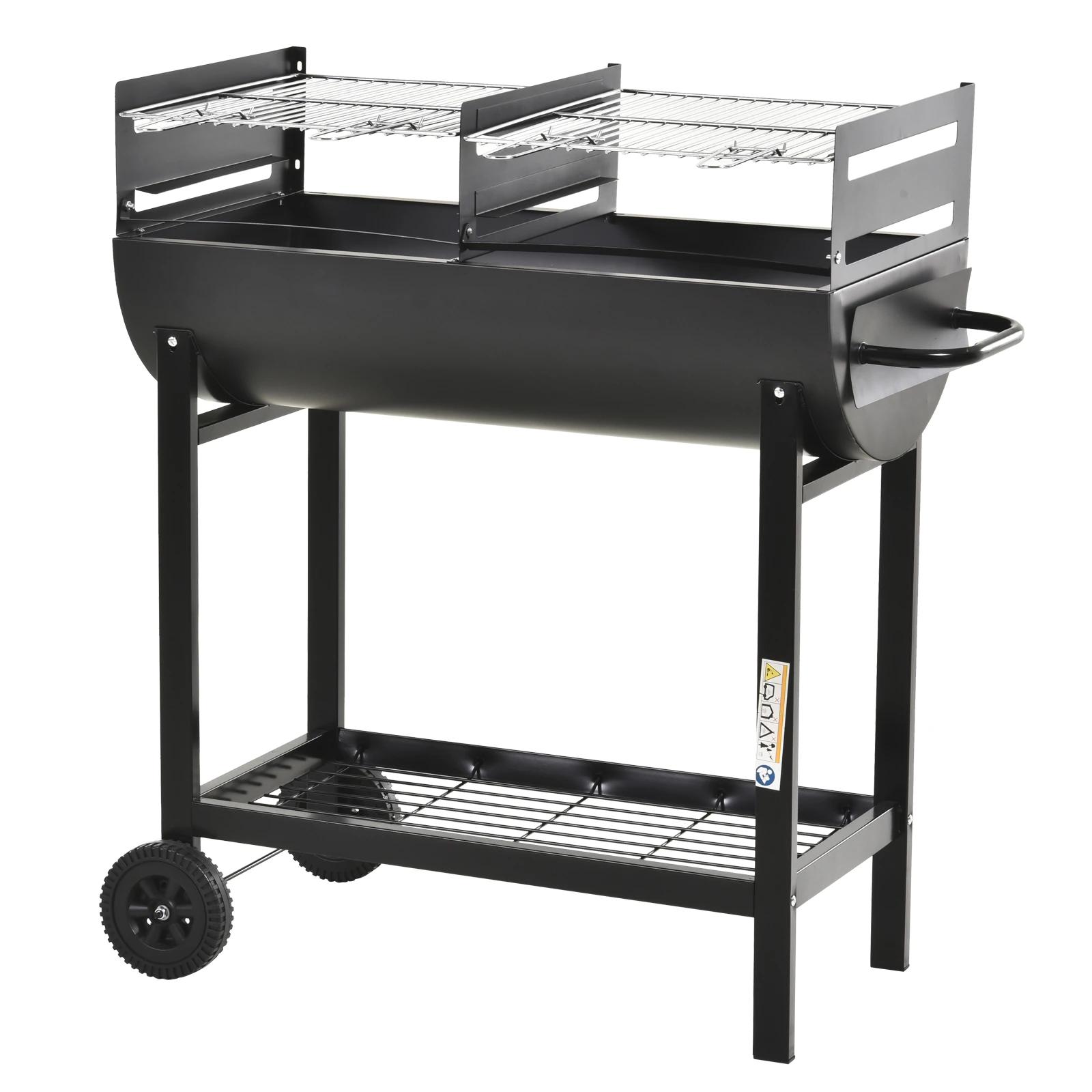 Barbecue a carvão com grelha ajustável em altura prateleira de armazenamento e rodas 90x45x96 cm preto