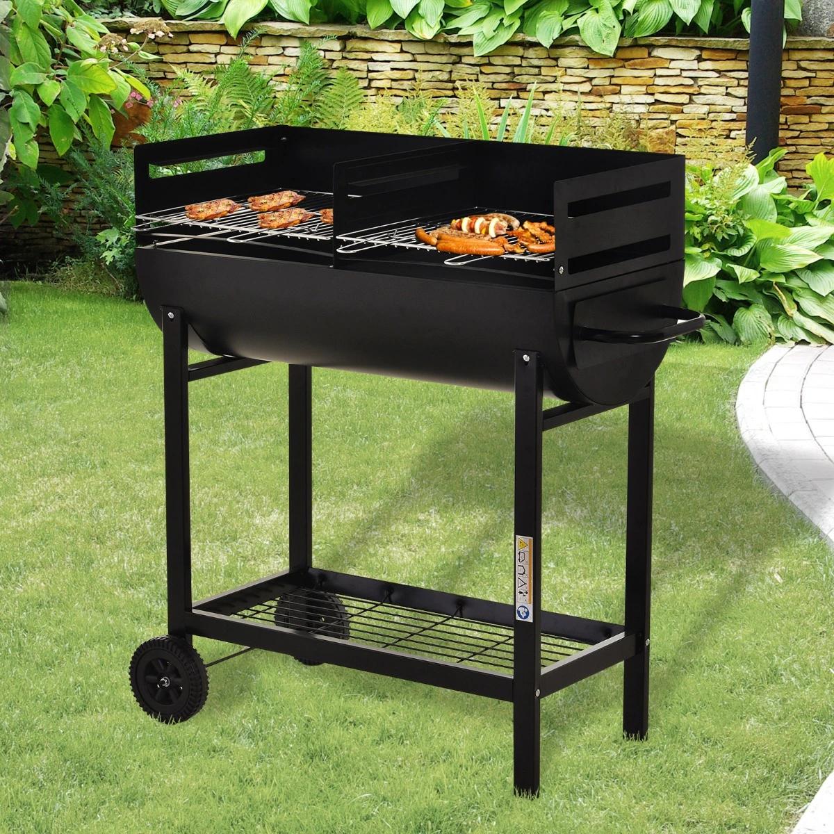 Barbecue a carvão com grelha ajustável em altura prateleira de armazenamento e rodas 90x45x96 cm preto