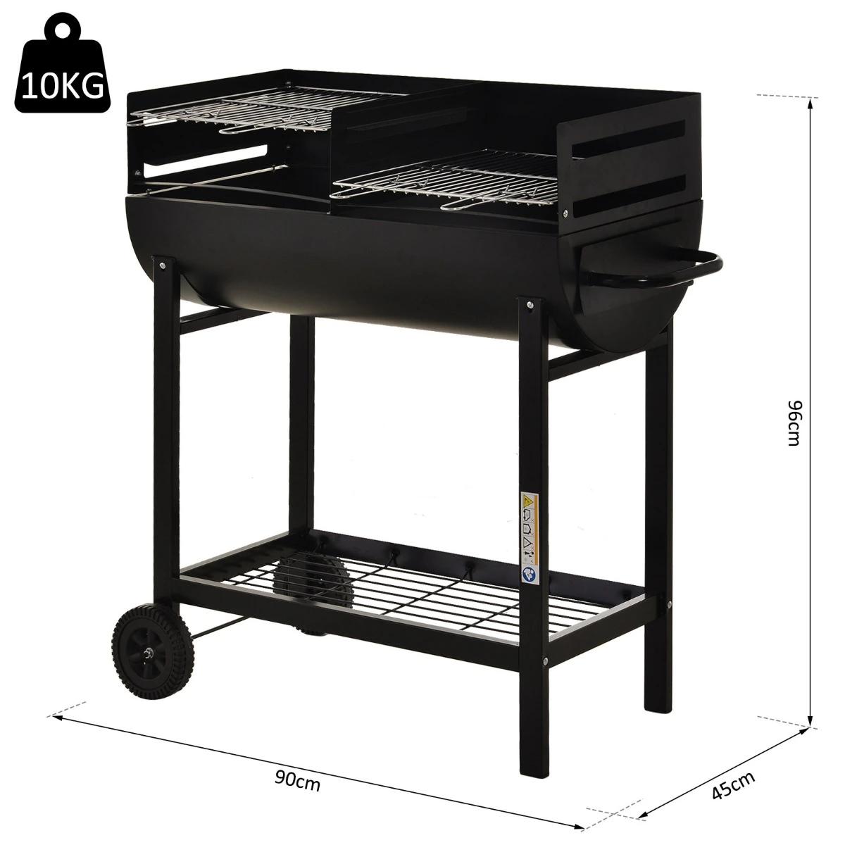 Barbecue a carvão com grelha ajustável em altura prateleira de armazenamento e rodas 90x45x96 cm preto
