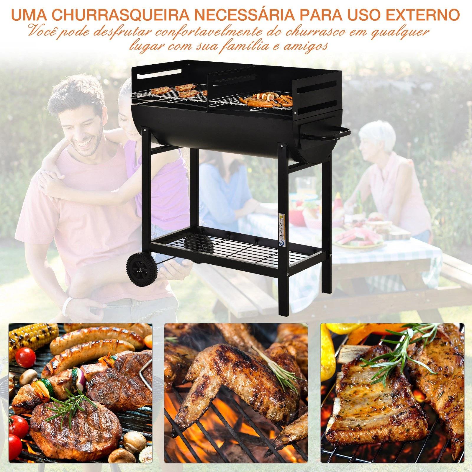Barbecue a carvão com grelha ajustável em altura prateleira de armazenamento e rodas 90x45x96 cm preto